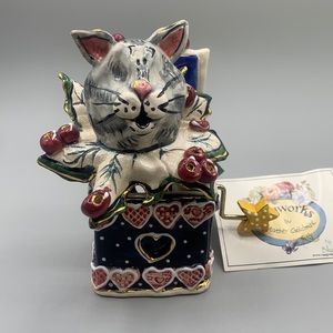 2002 Blue Sky Clayworks Charlie The Cat Holiday Music Box Heather Goldminc